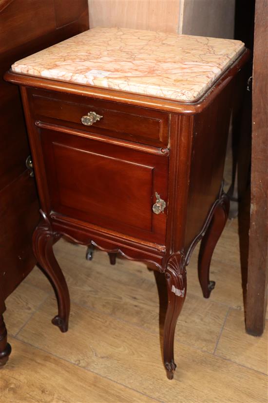 A late 19th century French mahogany and marble topped bedside cupboard W.42cm